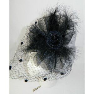 Black Fascinator Hat Feather Veil Flower Pin Birdcage Fishnet Chic